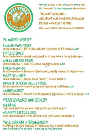 Menu at Beelzebab in Brighton