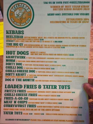 Main menu at Beelzebab in Brighton