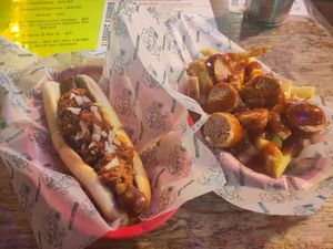 Chillidog and currywurst fries at Beelzebab in Brighton