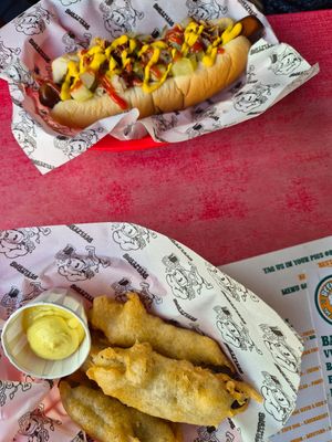 Hot dog and battered gherkins at Beelzebab in Brighton