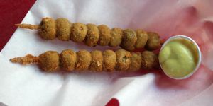 ‘Naughty little boys’ deep fried breaded olives served with homemade mayo. I loved this idea. at Beelzebab in Brighton