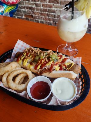 Hot dog and onion rings at Beelzebab in Brighton