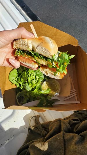 Just Egg Bagel with side salad, Yummy! at EAT Marketplace in Temecula