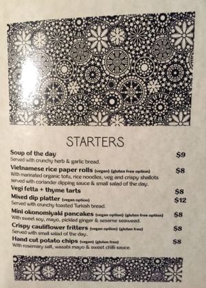 Starters menu at Vegilicious in St Kilda