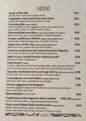 Mains menu at Vegilicious in St Kilda