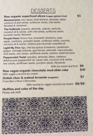 Desserts menu at Vegilicious in St Kilda