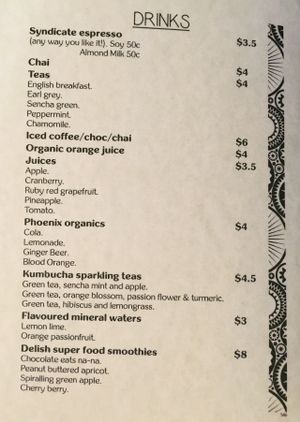Drinks menu at Vegilicious in St Kilda
