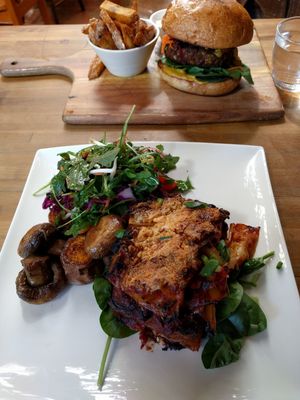 Veggie burger & lasagna at Vegilicious in St Kilda