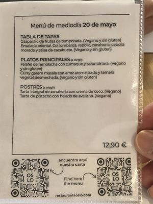 Lunch prix fixe menu for 20 May 2022  at Restaurante Oslo in Valencia
