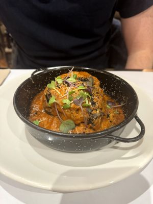 Aubergine moussaka romesco sauce, chestnut bechamel, quorn bolognese and vegan cured cheese at Restaurante Oslo in Valencia