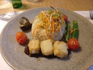 Brown rice with veggies, fried tofu cubes and Japanese plum sauce. at Restaurante Oslo in Valencia