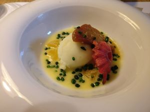 Green apple sorbet with apples three ways and creme anglais at Restaurante Oslo in Valencia