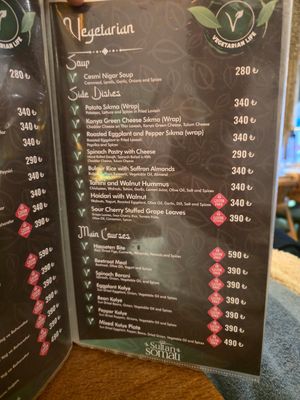 Vegetarian menu in Turkish at SULTAN SOMATI & THE TABLE OF SULTAN (FİNE DİNİNG RESTAURANT) in Konya