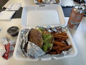 Impossible burger with sweet potato friess  at Big Fat Vegan in Atlanta