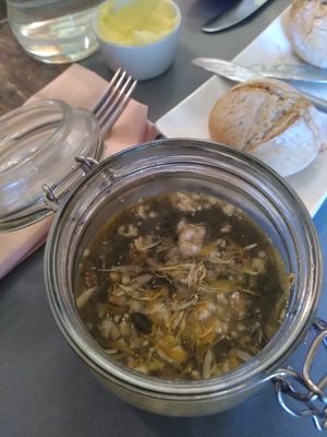 Vegan surprise menu nettle soup with bread and vegan butter at De Preuverie in Hasselt