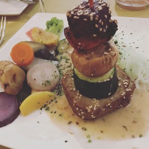 The seitan tower with lots of veggies  at De Preuverie in Hasselt