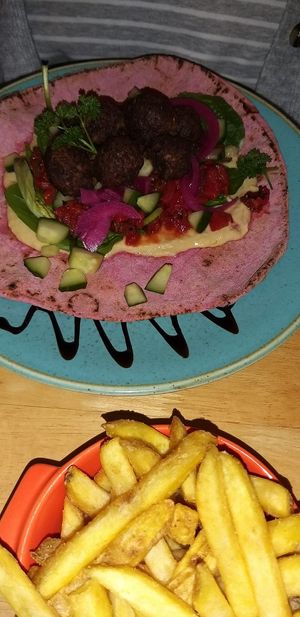 Falafel wrap and fries at Cobbles and Clay - The Art Cafe in Haworth