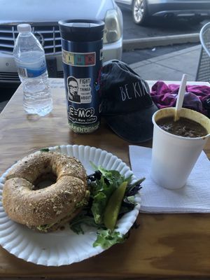 Hummus Revolution bagel sandwich and black bean coconut soup-delicious   at Revolutionary Grounds in Tucson