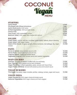 Vegan menu at Coconut Restaurant in Rhodes