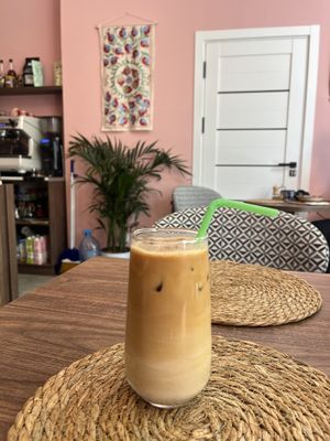 Iced latte with oat milkk  at Samarkind Cafe in Samarkand