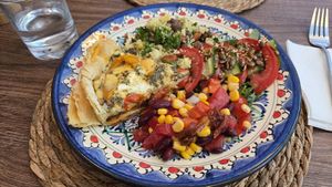 Vegetarian quiche with salad at Samarkind Cafe in Samarkand