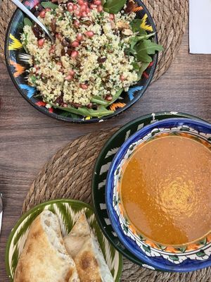 Soup with Turkish lentils and Samarkand salad  at Samarkind Cafe in Samarkand