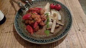Soy chicken stew with yellow carrot, burdock, white beet and turnip at Harukucchii in Fujisawa