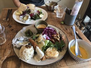 Brown rice plate and pumpkin soup lunch at Harukucchii in Fujisawa