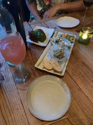 Marinated avocado, pickles assortment and organic pink grape fruit juice at Harukucchii in Fujisawa