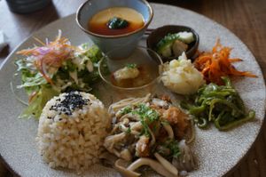 Brown rice plate 1200yen (includes small soup). at Harukucchii in Fujisawa