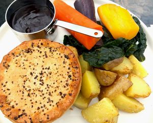 Wild mushroom bourguignon pie, new potatoes, heritage carrots at Brown Cow in Clitheroe