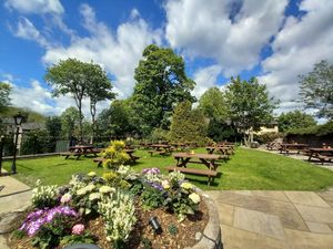 Large sunny beer garden at Brown Cow in Clitheroe