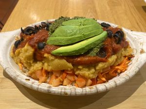 Mediterranean bowl with avocado  at Lotus Seed Vegan in Vancouver