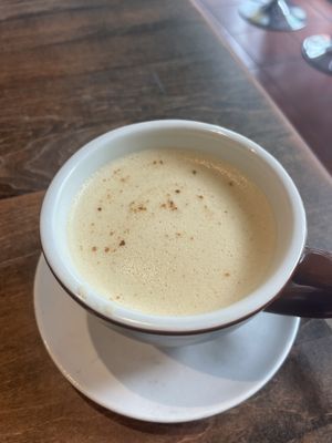Chaga tea with oat milk   at Lotus Seed Vegan in Vancouver