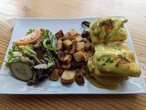 Eggs Benny. at Lotus Seed Vegan in Vancouver