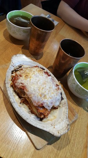 Delicious lasagna at Lotus Seed Vegan in Vancouver