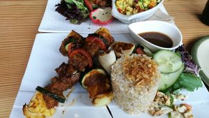Satay platter at Lotus Seed Vegan in Vancouver