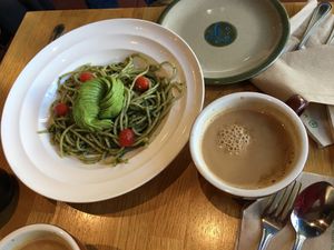 spaghetti with pesto sauce at Lotus Seed Vegan in Vancouver
