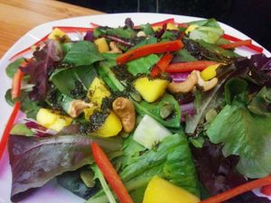 Mango Salad
Mango, cucumber, pepper, cashew, pumpkin seeds, spinach with balsamic, dill & avocado oil  at Lotus Seed Vegan in Vancouver