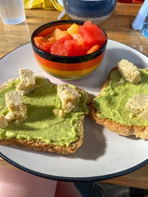 Home-made breakfast with vegan cheese in Guatemala  at Unruly Travel Group Trips - Berlin in Berlin