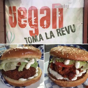Store front sign and our yummy burgers at Vegan Workshop in Tijuana