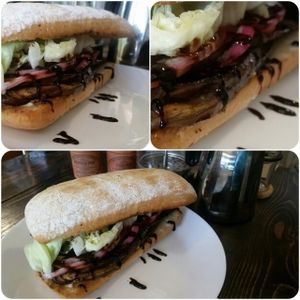 Eggplant and cheese ciabatta with balsamic glaze  at Vegan Workshop in Tijuana