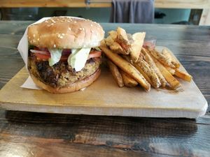 lentil burger amd fries at Vegan Workshop in Tijuana