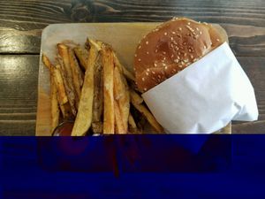 lentil burger and fries at Vegan Workshop in Tijuana
