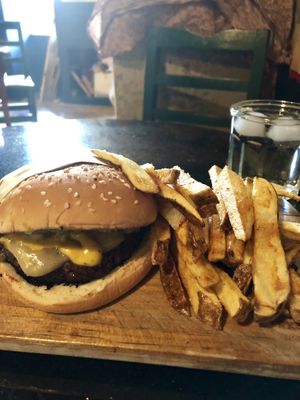 Lentil burger and fries  at Vegan Workshop in Tijuana