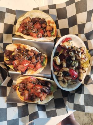 Vegan steak balsamic tacos with pasta salad (no feta) at Cara's Cat Cafe in Destin