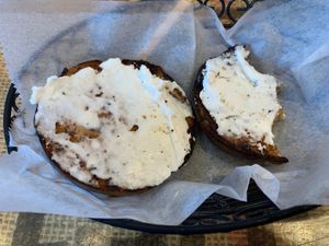 Cinnamon raisin bagel with vegan cream cheese…I couldn’t wait!  at Stagecoach Coffee Roasters in Cooperstown