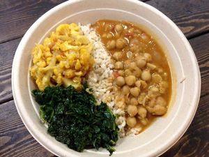 Indian curry Bowl
Chana masala, mixed vegetable curry, brown rice, & greens at Sweet Peaces in Flint