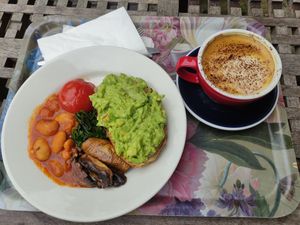 Vegan breakfast & oat decaf cappuccino:) at Vaults and Garden in Oxford