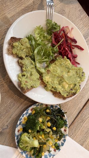 Avocado toast and sautéed veggies   at Vaults and Garden in Oxford